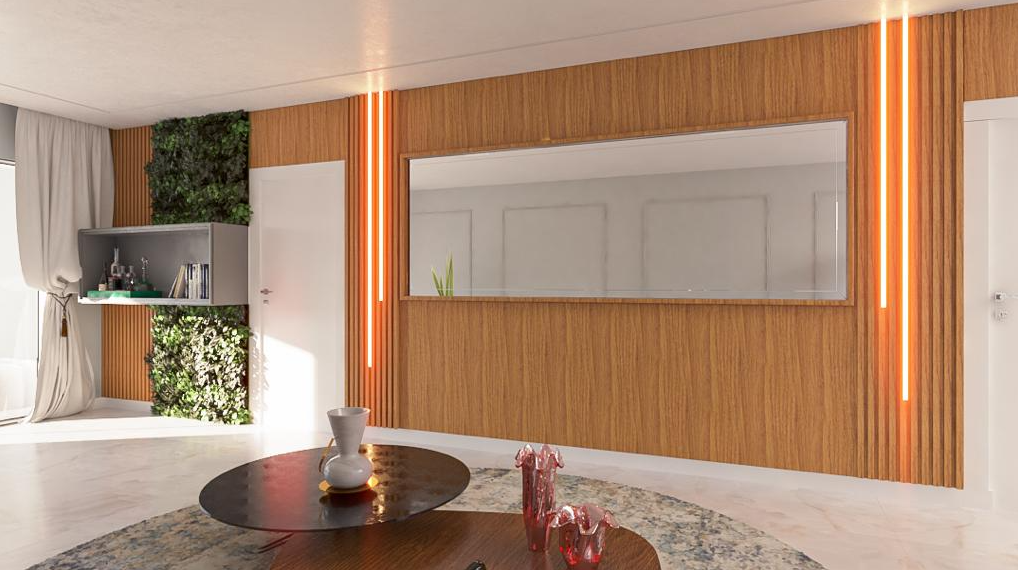 Painel ripado com LED laranja e espelho — projeto Castro